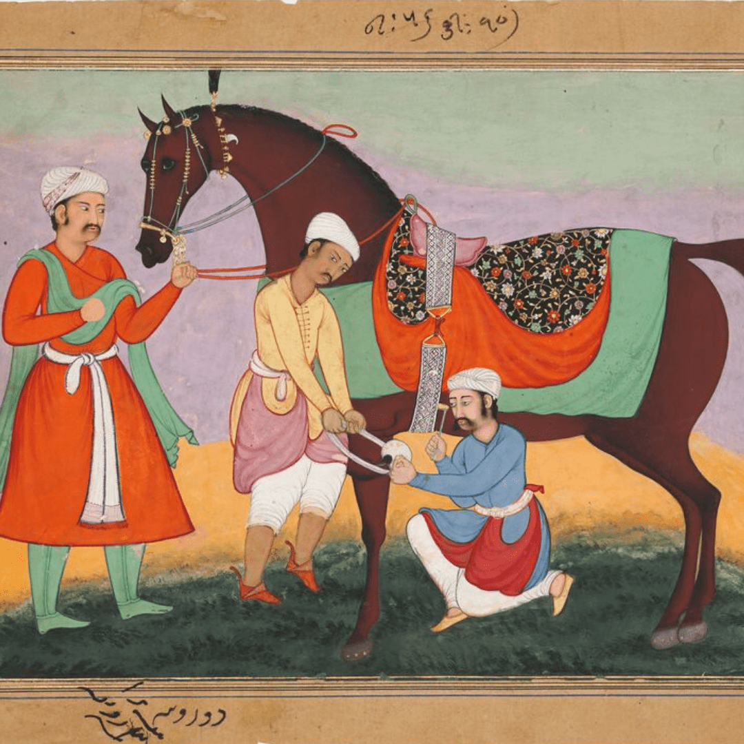 Christies Art of the Islamic and Indian Worlds - A Horse and Three Grooms by Mukhlis